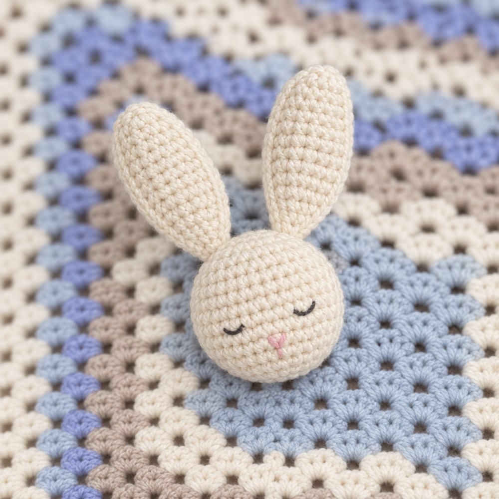 Close-up of Clover's embroidered sleeping eyes and pink nose